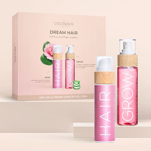 DREAM HAIR: Verwandeln Sie Ihr Haar auf natürliche Art. GROW stimuliert das Wachstum und reduziert Haarausfall. HAIR pflegt intensiv mit einem Mix aus 7 Bio-Ölen.