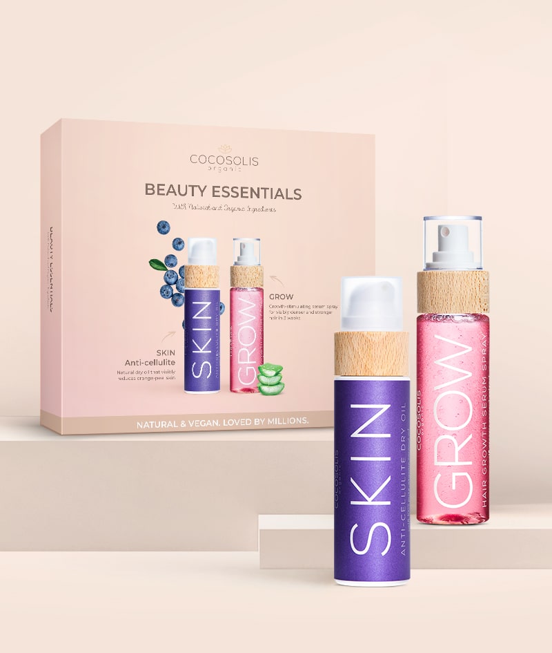 BEAUTY ESSENTIALS: Prends soin de ta beauté avec nos best-sellers. SKIN Anti-cellulite pour une peau sans défaut et GROW pour des cheveux visiblement plus forts et plus longs en 3 semaines.