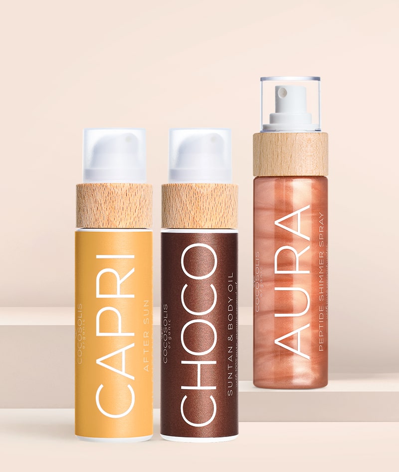 CAPRI GLOW: CHOCO accelerează bronzul natural și hrănește pielea. CAPRI calmează pielea după plajă și prelungește bronzul până la 3 luni. AURA hidratează, împrospătează și luminează din cap până în picioare.
