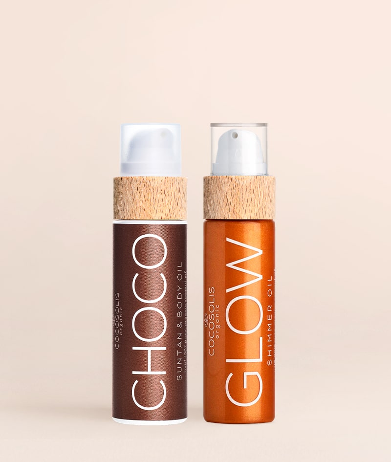 CHOCOLATE GLOW: Το CHOCO επιταχύνει την ανάπτυξη φυσικού μαυρίσματος και περιβάλλει το δέρμα με ένα ακαταμάχητο άρωμα. Το GLOW θρέφει και προσθέτει λάμψη.