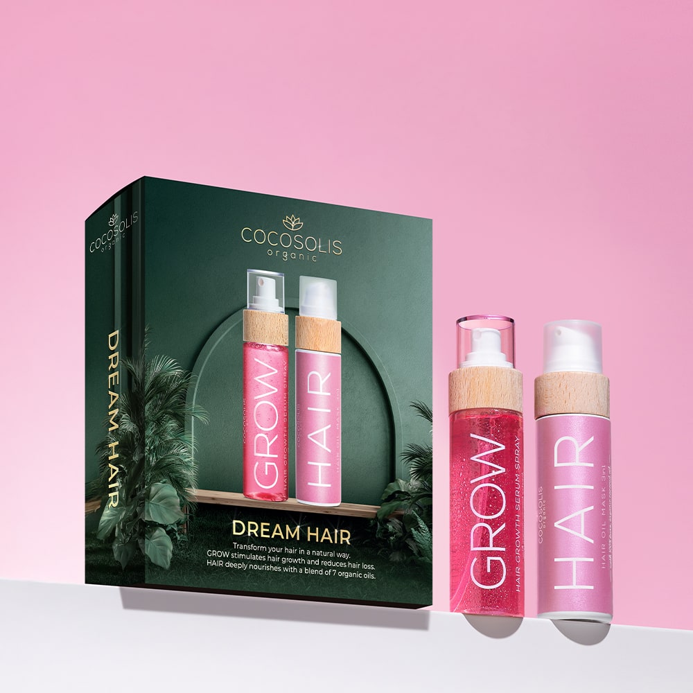 DREAM HAIR: Трансформирайте косата си натурално. GROW стимулира растежа и намалява косопада. HAIR дълбоко подхранва с микс от 7 био масла.