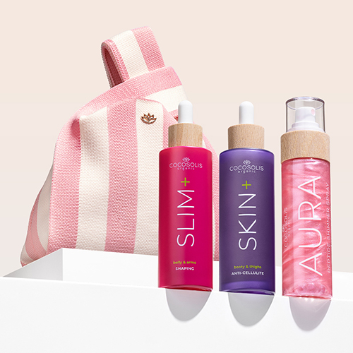 GLOWING CURVES + GIFT: SLIM+ намалява обиколките, стяга и оформя корема и ръцете. SKIN+ видимо намалява целулита и мазнините на дупето и бедрата. AURA PINK хидратира и озарява с неустоим розов блясък от глава до пети. Gelato Bag е подарък от нас: вземи я, преди да се стопи.