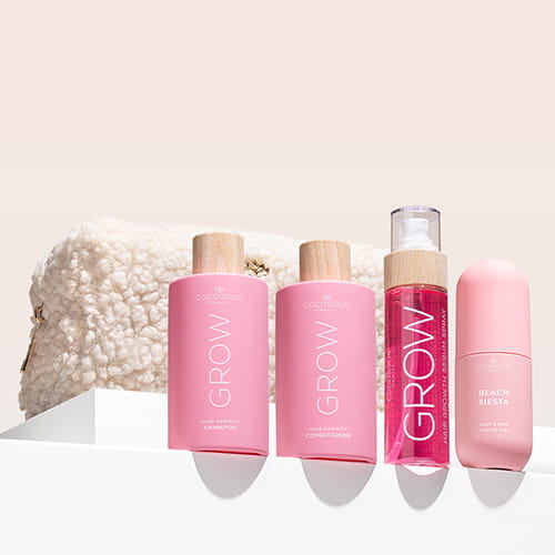 GROW BOOST & BEACH SIESTA + GIFT: Постигни целите си за коса и я обгърни в сочен тропически аромат. Шампоан и балсам GROW с KERASCALP™ и серум спрей GROW с Hair Stimulation Complex™ постигат по-силна и гъста коса, която расте. BEACH SIESTA е мист за тяло и коса с тропически аромат на кокосова вода, праскова и тиаре. Cloud Pouch е подарък от нас: пухкаво бижу в колекцията ви от несесери.