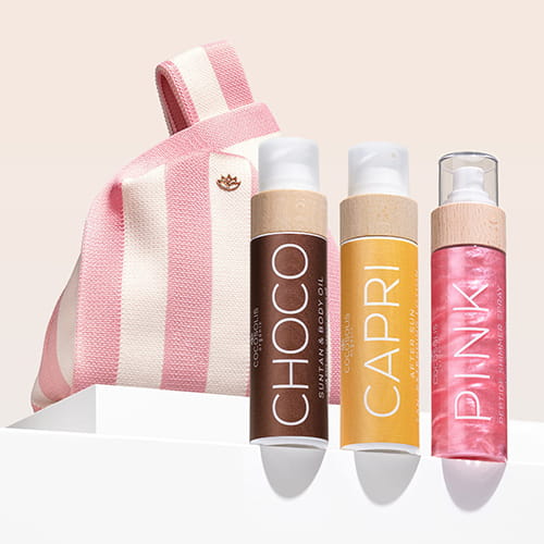 SUMMER CRUSH + GIFT: CHOCO ускорява тена и подхранва кожата. CAPRI успокоява кожата след слънце и удължава тена до 3 месеца след последния плажен ден. PINK хидратира и озарява с неустоим розов блясък от глава до пети. Gelato Bag е подарък от нас: вземи я, преди да се стопи.