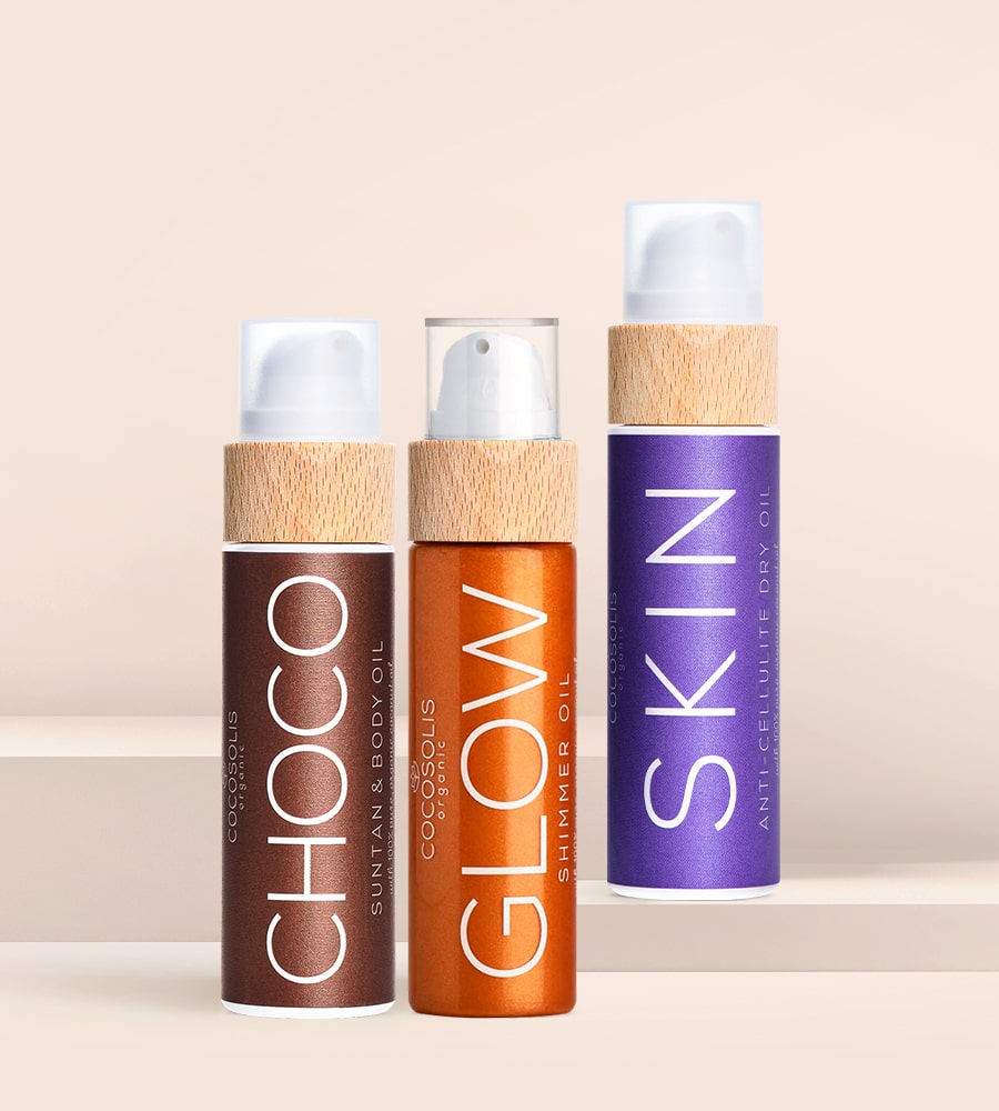 SUMMER TRIO: Радвайте се на сияйна лятна кожа. SKIN Anti-cellulite стяга и изглажда. CHOCO ускорява постигането на шоколадов естествен тен, а GLOW подхранва и придава неустоим блясък.