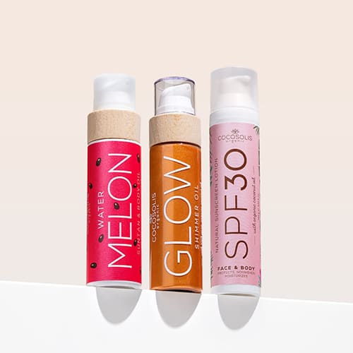 TASTY TAN: Топ трио за плажа! SPF предпазва кожата при излагане на слънце, WATERMELON ускорява натрупването на тен, а GLOW придава разкошно сияние и овлажнява.