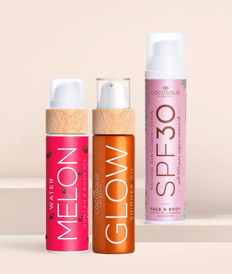 TASTY TAN: Κορυφαία τριάδα για την παραλία! Το SPF προστατεύει το δέρμα όταν εκτίθεται στον ήλιο, το WATERMELON επιταχύνει το μαύρισμα και το GLOW χαρίζει υπέροχη λάμψη και ενυδατώνει.