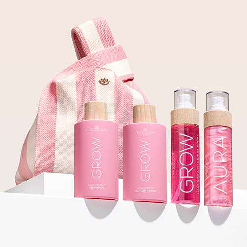TOTAL HAIR GLOW UP + GIFT: Шампоан и балсам GROW с клинично доказаната съставка KERASCALP™ и серум спрей GROW с клинично доказаната съставка Hair Stimulation Complex™ постигат по-силна и гъста коса, която расте. AURA PINK хидратира и озарява с неустоим розов блясък от глава до пети. Gelato Bag е подарък от нас: вземи я, преди да се стопи.