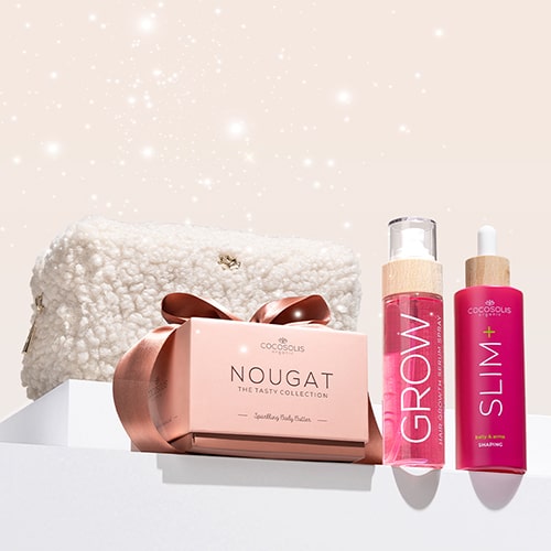 XMAS GLOW + GIFT: Тази Коледа сияй от глава до пети. Серум спрей GROW зарежда косата ти с витамини и стимулира растежа. Серумът за тяло SLIM+ намалява обиколките, стяга и оформя корема и ръцете. Луксозният озаряващ мус NOUGAT придава елегантен, розово-златист блясък на кожата ти.
