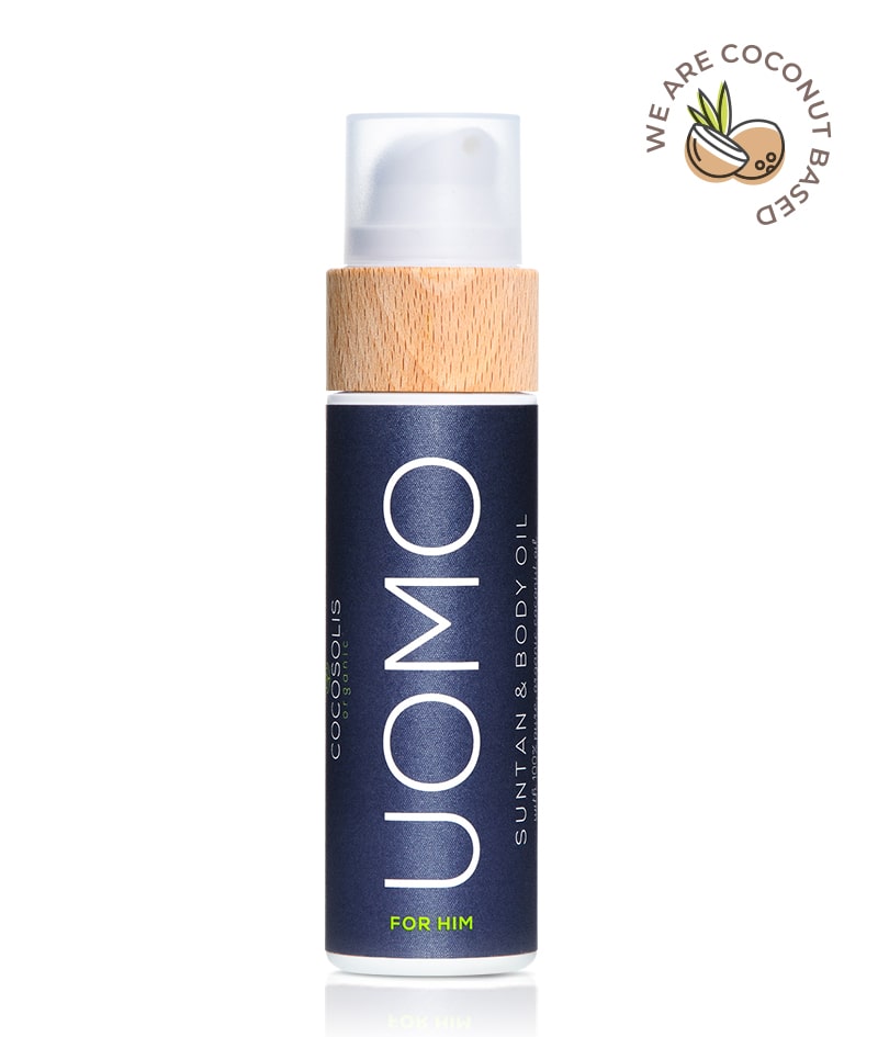 UOMO Suntan & Body Oil: Natural oil for a fast deep tan under the sun and in a tanning bed. Also suitable for daily use for nourished skin. With BLACK COCONUT aroma. For men.