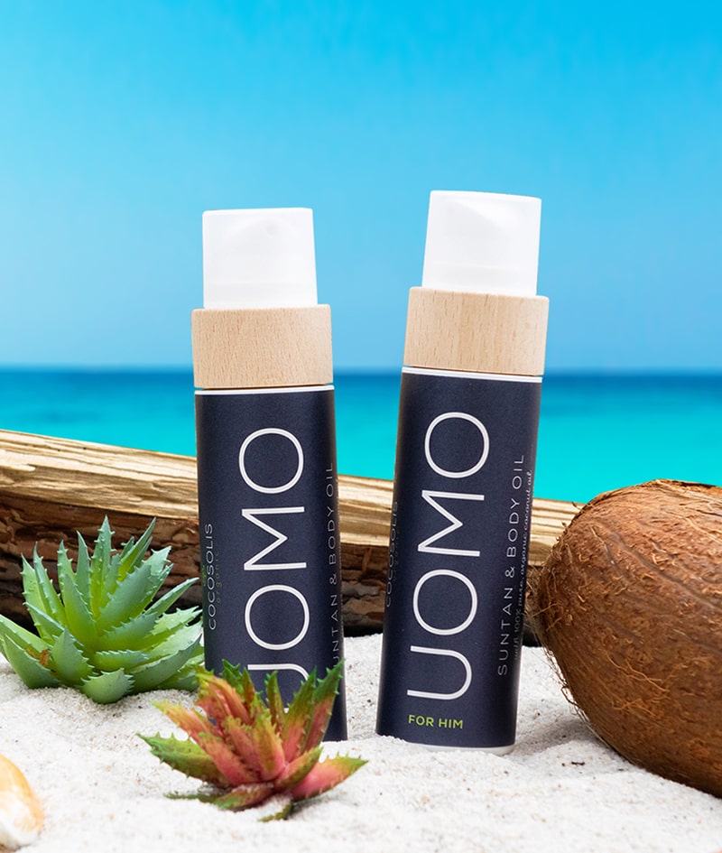UOMO Suntan & Body Oil: Natural oil for a fast deep tan under the sun and in a tanning bed. Also suitable for daily use for nourished skin. With BLACK COCONUT aroma. For men.