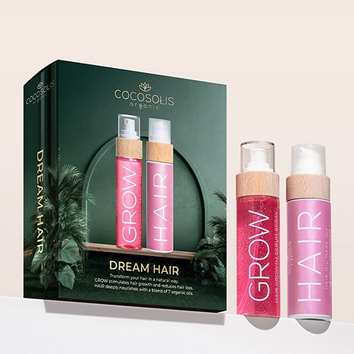 DREAM HAIR: Transformuj své vlasy přirozenou cestou. GROW stimuluje růst a omezuje vypadávání vlasů. HAIR hloubkově vyživuje pomocí směsi 7 bio olejů.