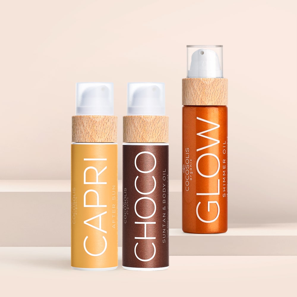 CAPRI GLOW: CHOCO beschleunigt die natürliche bronzene Bräune und pflegt. CAPRI beruhigt die Haut nach dem Strandbesuch und verlängert die Bräune um bis zu 3 Monate. AURA spendet Feuchtigkeit, erfrischt und lässt die Haut von Kopf bis Fuß strahlen.