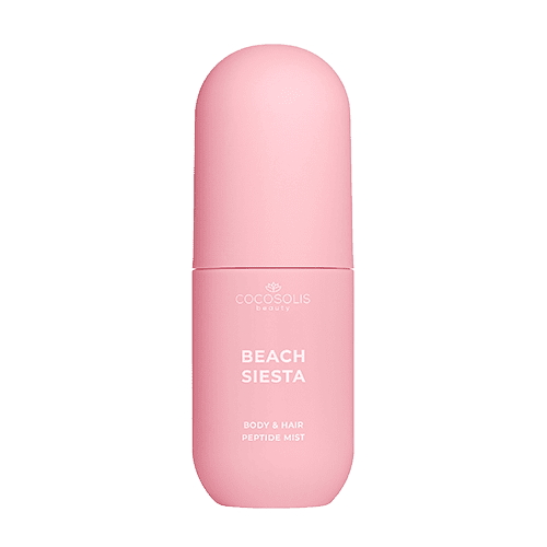 BEACH SIESTA Body & Hair Peptide Mist: Bruma hidratante con péptidos para el cuerpo y el cabello. Trae la sensación de melocotón jugoso y agua de coco en el calor de la tarde.