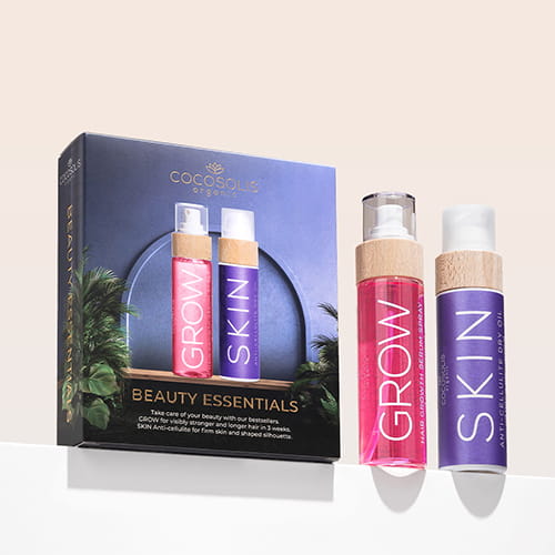 BEAUTY ESSENTIALS: Cuide da sua beleza com os nossos best-sellers. SKIN Anti-cellulite para uma pele perfeita e GROW para um cabelo visivelmente mais forte e mais comprido em 3 semanas.