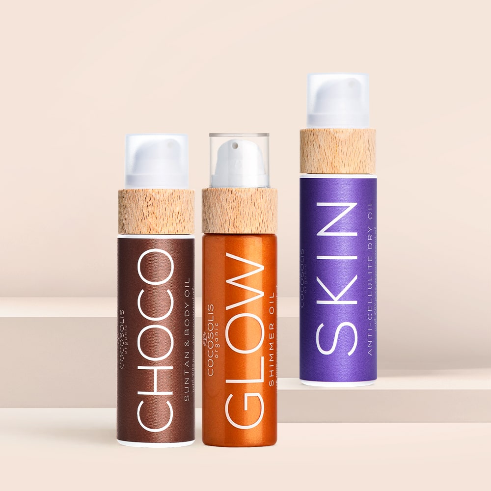 SUMMER TRIO: Profite d'une peau d'été radieuse. SKIN Anti-cellulite raffermit et lisse. CHOCO accélère l'obtention d'un bronzage naturel au chocolat, et GLOW nourrit et donne un éclat irrésistible.