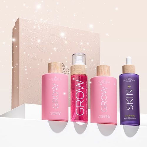 XMAS FAVOURITES: Pour Noël, offre-toi les cheveux de tes rêves et des cuisses toutes lisses. Le shampoing et l'après-shampoing GROW, à l'ingrédient cliniquement prouvé KERASCALP™, et le sérum spray GROW, à l'ingrédient cliniquement prouvé Hair Stimulation Complex™, rendent les cheveux plus forts, plus épais et favorisent leur croissance. Le sérum SKIN+ réduit visiblement la cellulite grâce à 4 ingrédients actifs en concentration maximale.