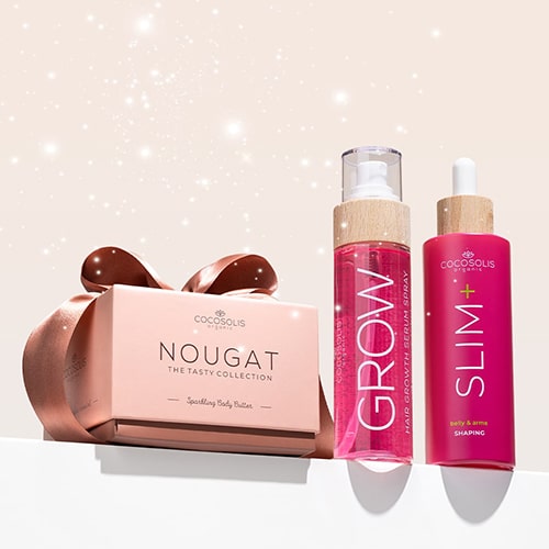 XMAS GLOW: A Noël, brille de la tête aux pieds. Le sérum spray GROW nourrit tes cheveux en vitamines et stimule leur croissance. Le sérum pour le corps SLIM+ réduit le tour de taille, raffermit et remodèle le ventre et les bras. La mousse sublimatrice somptueuse NOUGAT donne à ta peau un éclat élégant, rose doré.
