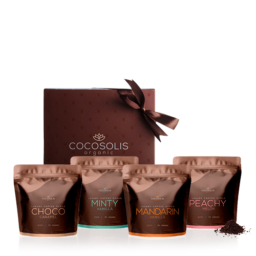 Luxury Coffee Scrub Box, Boite de luxe avec 4 gommages naturels – 3 pour le corps et 1 pour le visage
