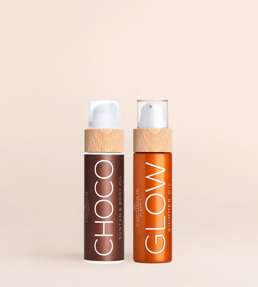 CHOCOLATE GLOW: Το CHOCO επιταχύνει την ανάπτυξη φυσικού μαυρίσματος και περιβάλλει το δέρμα με ένα ακαταμάχητο άρωμα. Το GLOW θρέφει και προσθέτει λάμψη.