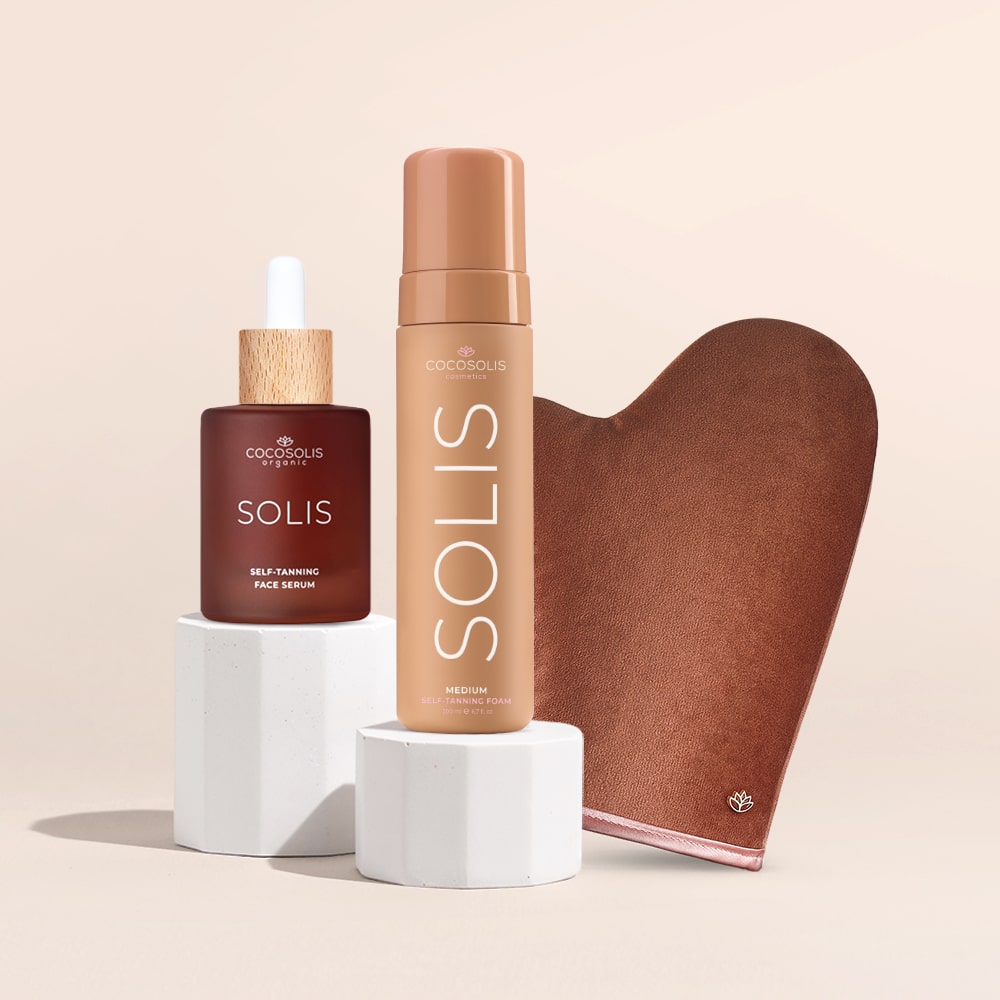 BRONZE GODDESS: Prirodni trio za prekrasan, prirodan brončani ten: SOLIS serum za samotamnjenje lica s učinkom protiv starenja, SOLIS pjena za samotamnjenje i rukavica za besprijekorno nanošenje.