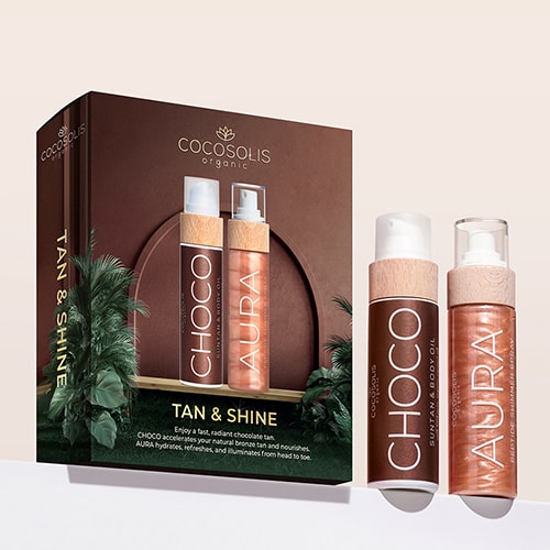 TAN & SHINE: Élvezd a gyors, ragyogó csokoládé barnulást . A CHOCO felgyorsítja a természetes bronzbarnulást és táplál. Az AURA hidratál, felfrissít és ragyogást biztosít tetőtől talpig.