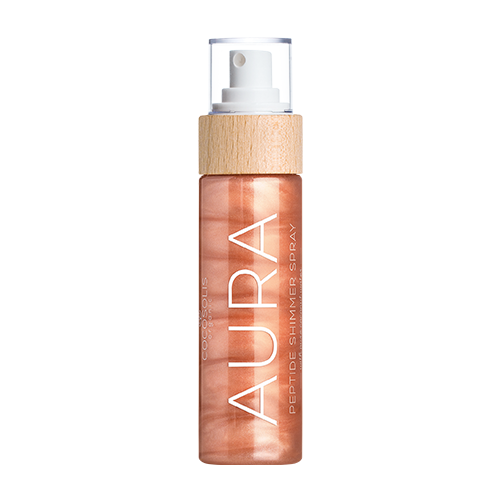 AURA Peptide Shimmer Spray: Natural shimmer spray with peptides for face, body & hair. Illuminates, hydrates, rejuvenates.
<br><strong>Shimmer: Nude</strong>