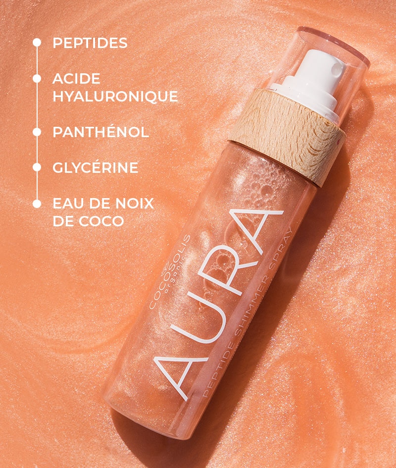 AURA Peptide Shimmer Spray: Spray sublimateur naturel aux peptides pour le visage, le corps et les cheveux. Illumine, hydrate, rajeunit.
<br><strong>Brillance : Nude</strong>