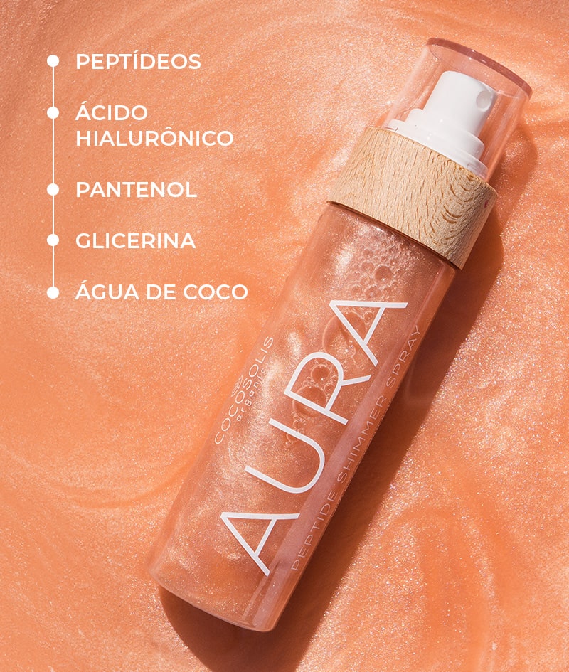 AURA Peptide Shimmer Spray: Spray de brilho natural com peptídeos para o rosto, corpo e cabelo. Ilumina, hidrata, rejuvenesce.
<br><strong>Brilho: Nude</strong>
