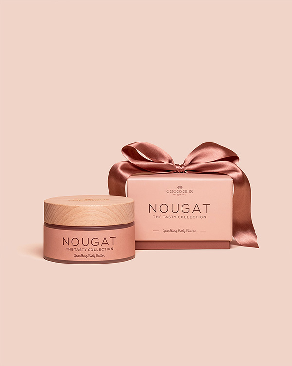 NOUGAT Sparkling Body Butter: Gently melting mousse, extremely suitable for the cold months, when the skin is pale, rougher, prone to drying and loss of its natural radiance. NOUGAT gives the skin the glow of thousands of sparkling stars. It evens the tan and gives a wonderful bronze color. Blend consisting of only natural ingredients of an exceptional quality with a seductive fragrance of a delicious chocolate nougat dessert.
