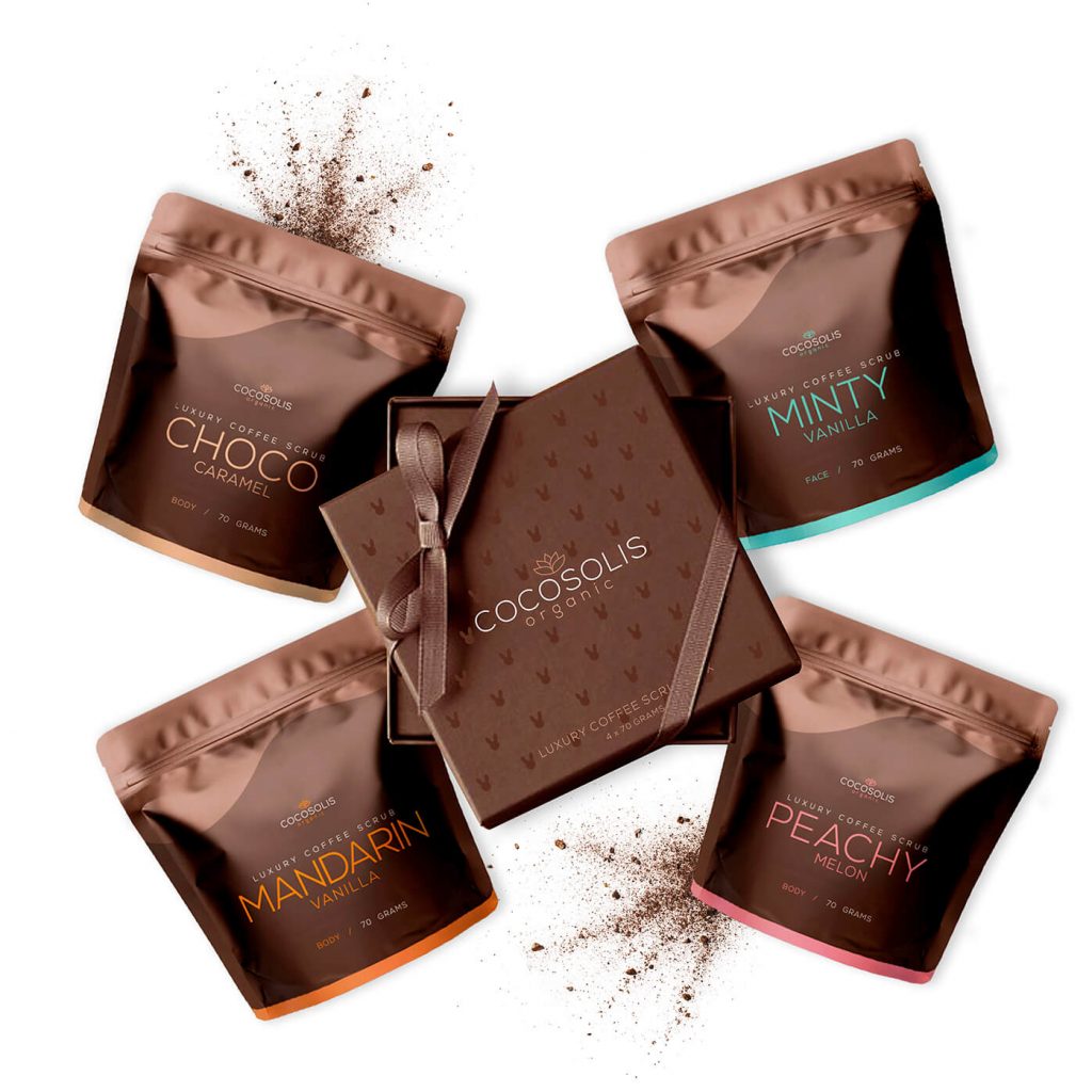 Luxury Coffee Scrub Box: Caixa de luxo com 4 esfoliantes naturais e biológicos – 3 esfoliantes diferentes para o seu corpo e 1 para o seu rosto