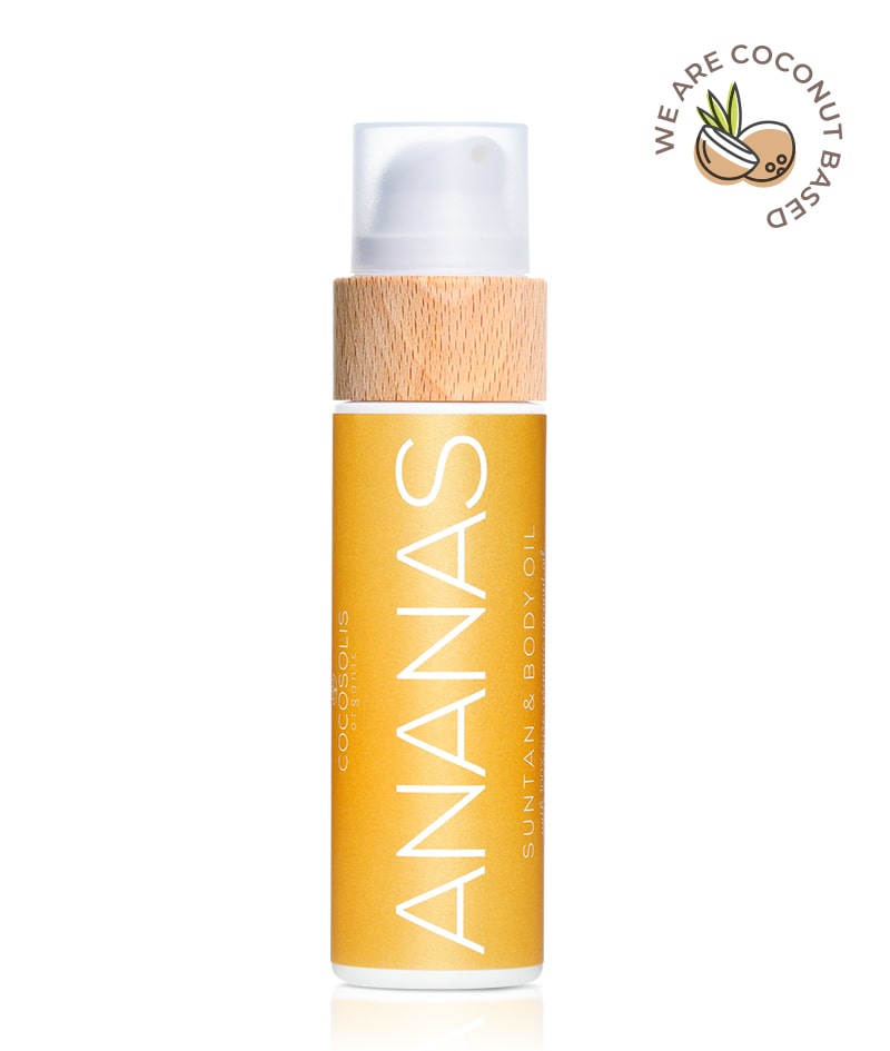 ANANAS Suntan & Body Oil: Натурално масло за бърз, наситен тен под слънцето и в солариума. Подходящо и за ежедневна употреба за подхранена и сияйна кожа. С аромат на ананас и ванилия.