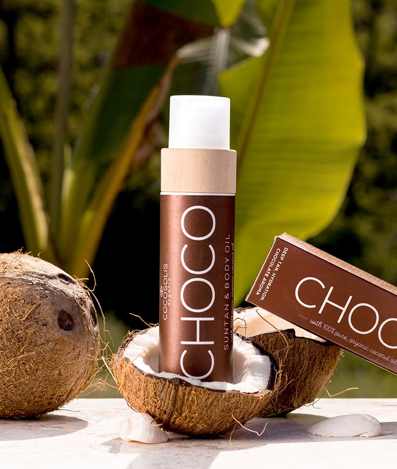 CHOCO Suntan & Body Oil: Aceite natural para un bronceado rápido e intenso bajo el sol y en el solárium. También apto para uso diario para una piel nutrida y radiante. Con un aroma a chocolate único.
