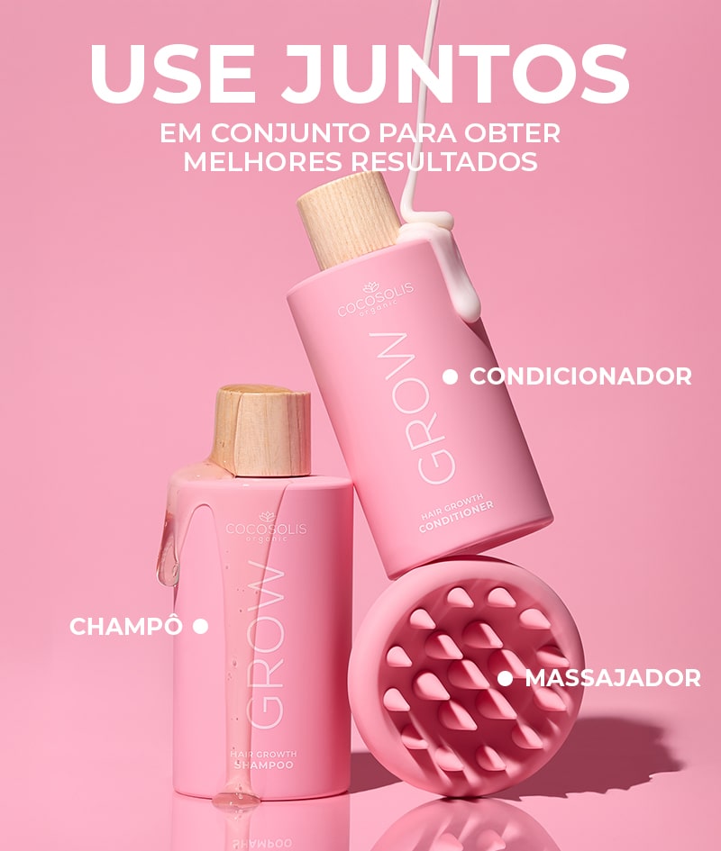GROW Scalp Massager: Massajador de couro cabeludo. Estimula o crescimento do cabelo.Champô em espuma para uma limpeza profunda e suave. Esfolia