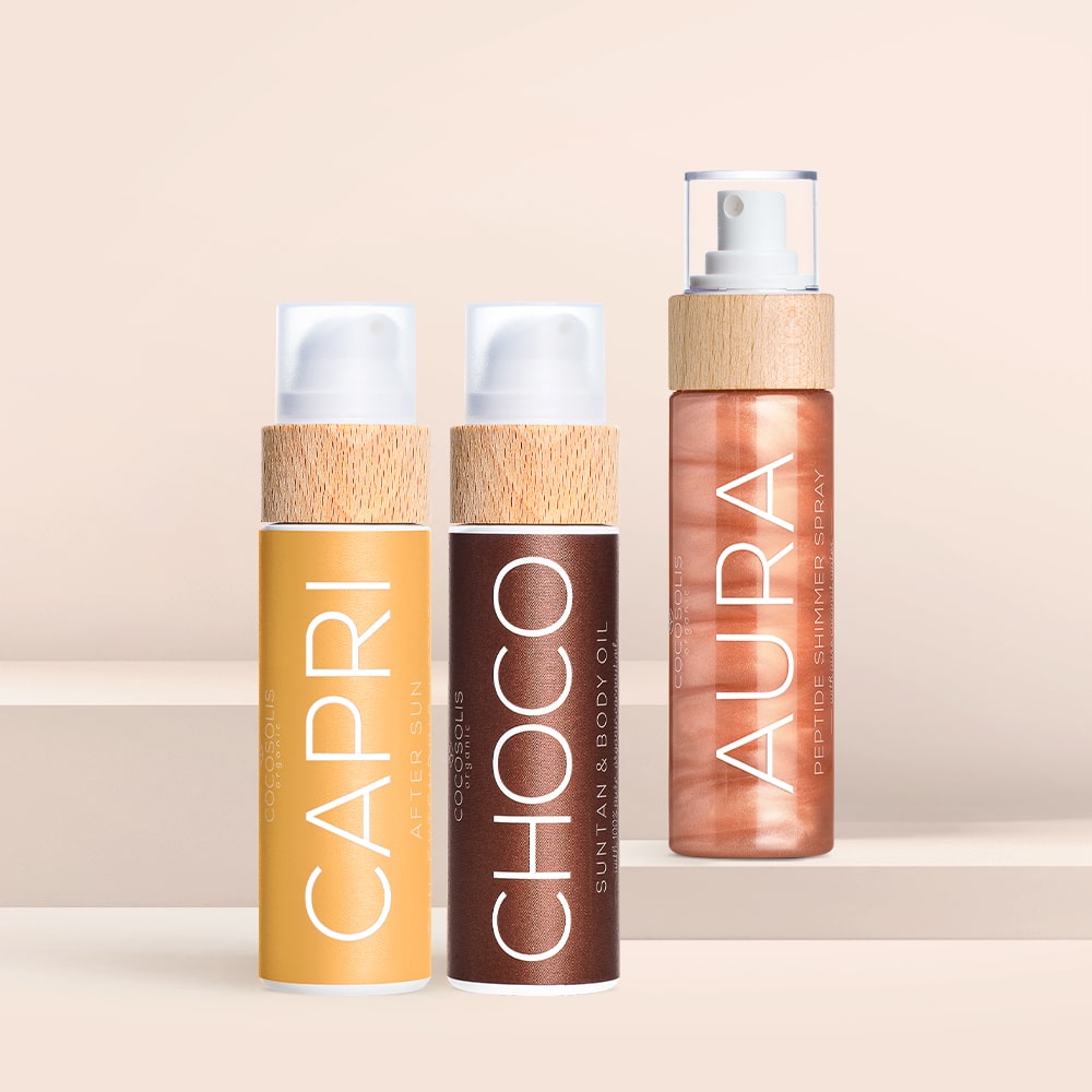 CAPRI GLOW: CHOCO przyspiesza naturalną brązową opaleniznę i odżywia. CAPRI łagodzi skórę po plażowaniu i przedłuża opaleniznę do 3 miesięcy. AURA nawilża, odświeża i rozświetla skórę od stóp do głów.