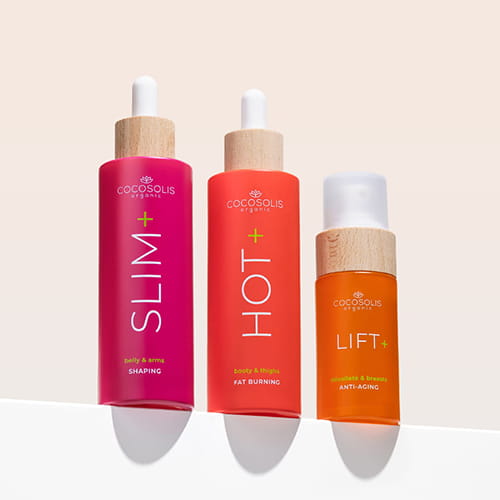 HOT TRANSFORMATION: LIFT+ unosi biust, ujędrnia i wygładza szyję oraz dekolt. SLIM+ zmniejsza obwody, ujędrnia i modeluje brzuch i ramiona. HOT+ spala tłuszcz i zmniejsza obwód pośladków i ud.