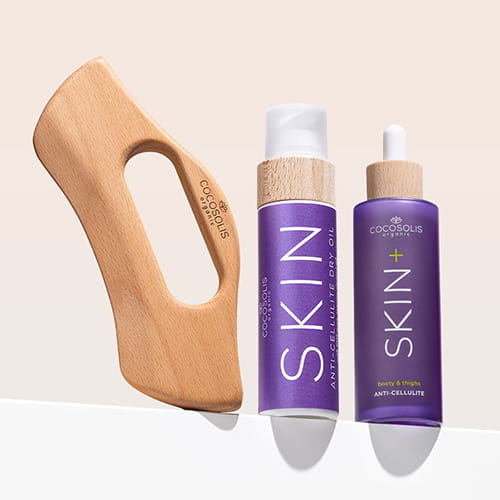 ANTI-CELLULITE THERAPY: O sérum SKIN+ reduz visivelmente a celulite, graças a 4 ingredientes ativos em concentração máxima. O óleo seco SKIN Anti-cellulite , aplicado com o massajador BODY GUA SHA, intensifica o efeito anticelulítico e ajuda a MOLDAR as curvas do corpo.