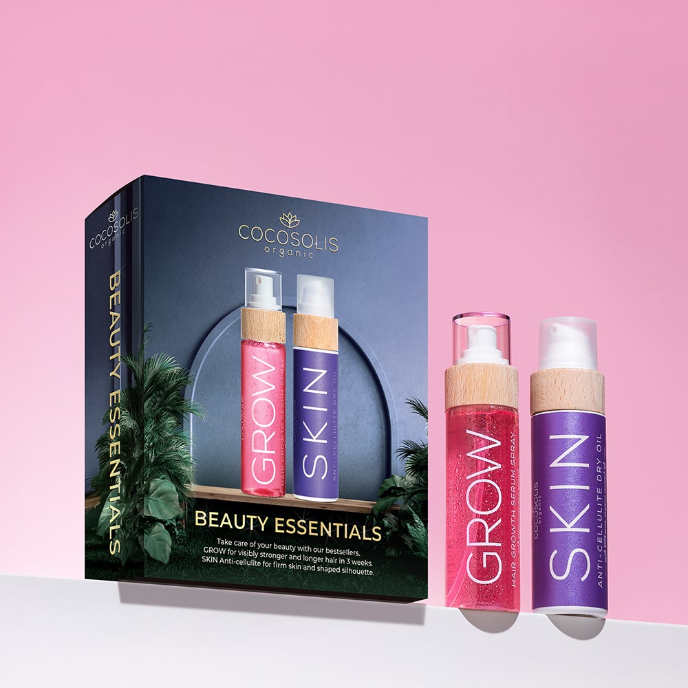 BEAUTY ESSENTIALS: Prends soin de ta beauté avec nos best-sellers. SKIN Anti-cellulite pour une peau sans défaut et GROW pour des cheveux visiblement plus forts et plus longs en 3 semaines.