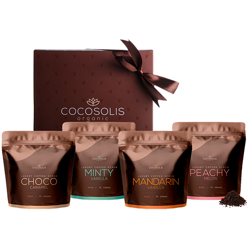 Luxury Coffee Scrub Box, Caixa de luxo com 4 esfoliantes naturais e biológicos