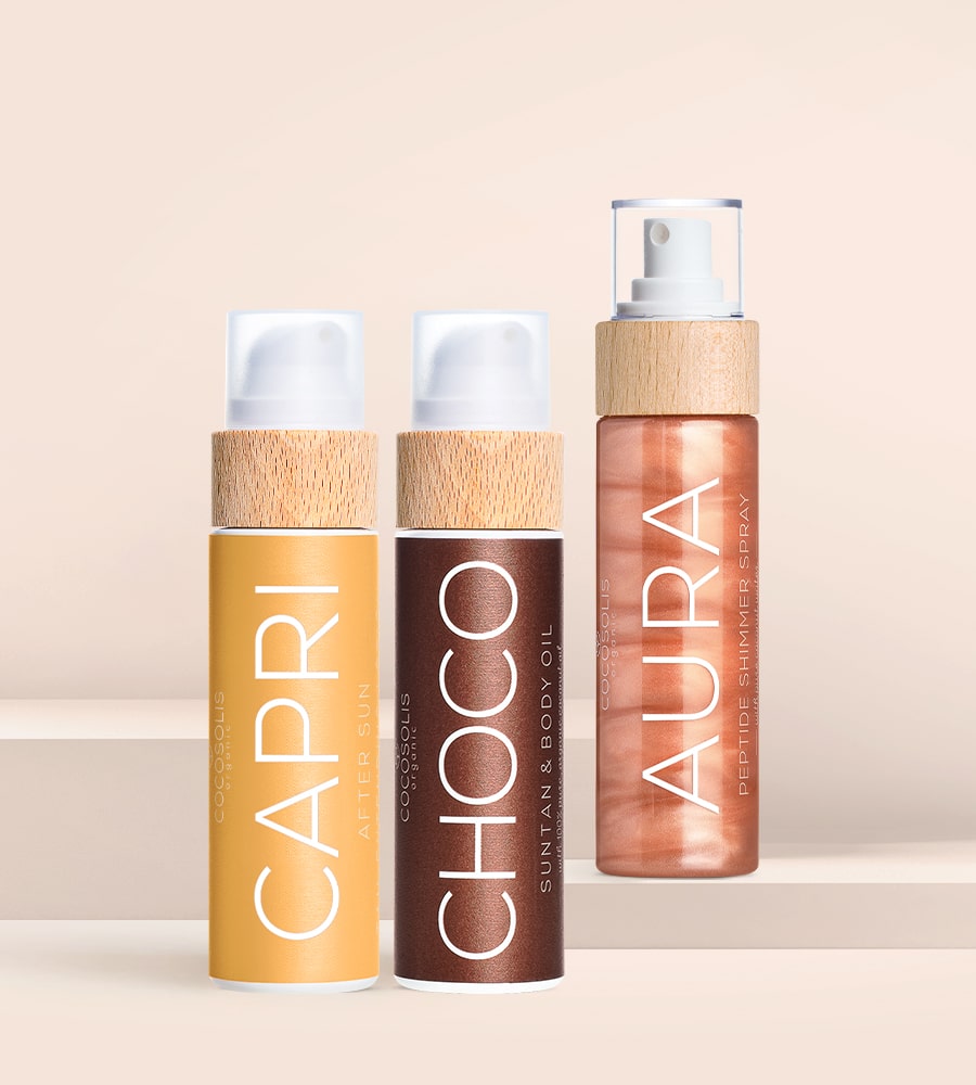 CAPRI GLOW: CHOCO accelerează bronzul natural și hrănește pielea. CAPRI calmează pielea după plajă și prelungește bronzul până la 3 luni. AURA hidratează, împrospătează și luminează din cap până în picioare.