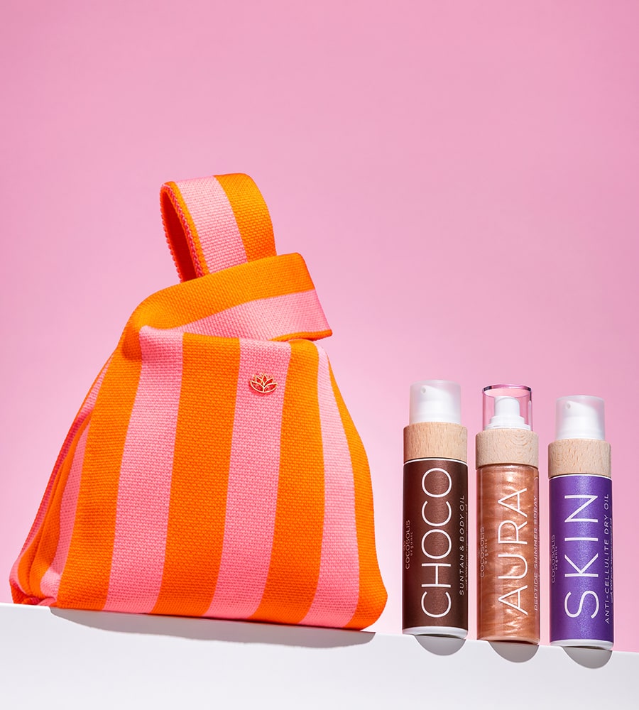 CHOCO SKIN + GIFT BAG: PIELE Anticelulitică, tonifiază și netezește. CHOCO accelerează bronzul natural și hrănește. AURA hidratează, împrospătează și luminează din cap până în picioare. COCOSOLIS Mini Bag limited edition este un cadou de la noi: geantă mini pentru momentele importante de vară.