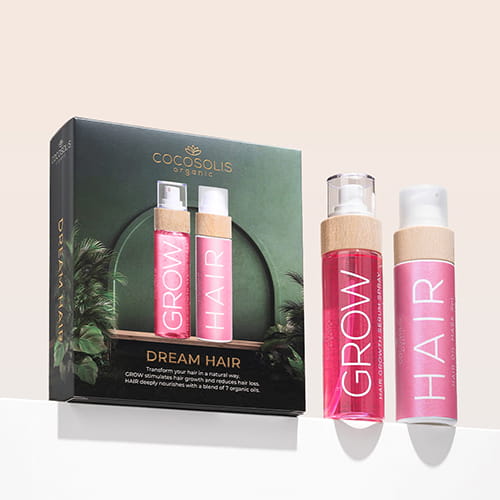 DREAM HAIR: Transformați-vă părul în mod natural. GROW stimulează creșterea și reduce căderea părului. HAIR hrănește în profunzime cu o combinație de 7 uleiuri bio.