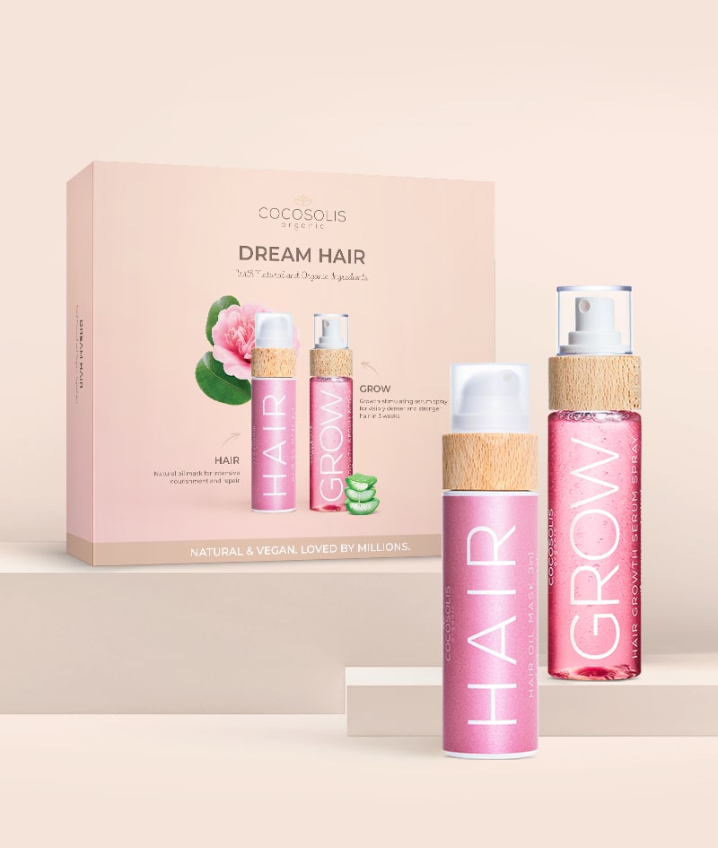 DREAM HAIR: Μεταμορφώστε τα μαλλιά σας φυσικά. Το GROW διεγείρει την ανάπτυξη των μαλλιών και μειώνει την τριχόπτωση. Το HAIR θρέφει σε βάθος με ένα μείγμα 7 βιολογικών ελαίων.