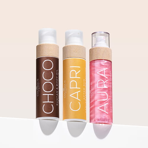 SUMMER CRUSH: CHOCO urýchľuje opálenie a vyživuje pokožku. CAPRI upokojuje pokožku po slnení a predlžuje opálenie až na 3 mesiace po poslednom dni na pláži. AURA PINK hydratuje a rozjasňuje neodolateľným ružovým leskom od hlavy až po päty.