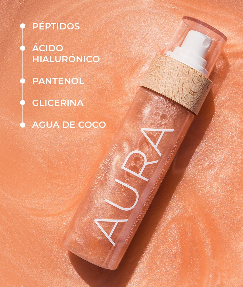 AURA Peptide Shimmer Spray: Spray brillante natural con péptidos para rostro, cuerpo y cabello. Ilumina, hidrata y rejuvenece.