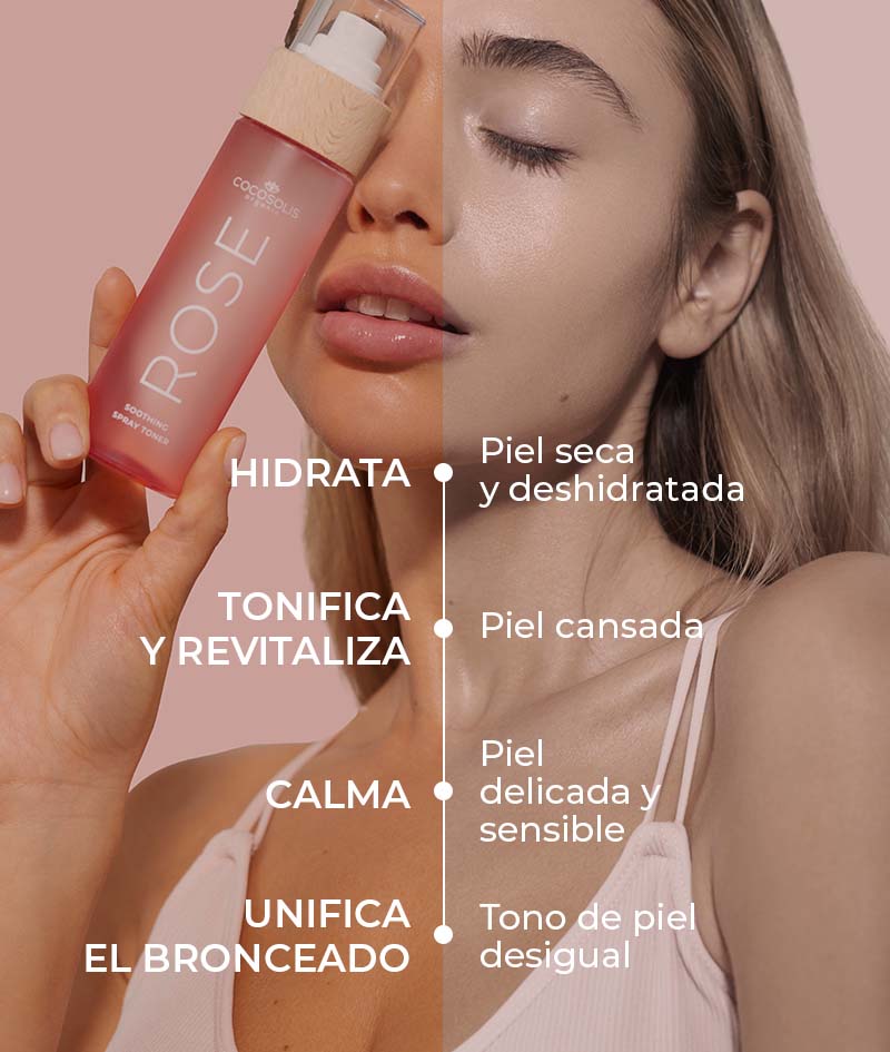 ROSE Soothing Spray Toner: Tónico facial calmante con rosa damascena, cactus y coco. Tonifica, rehidrata, suaviza y refresca la piel.