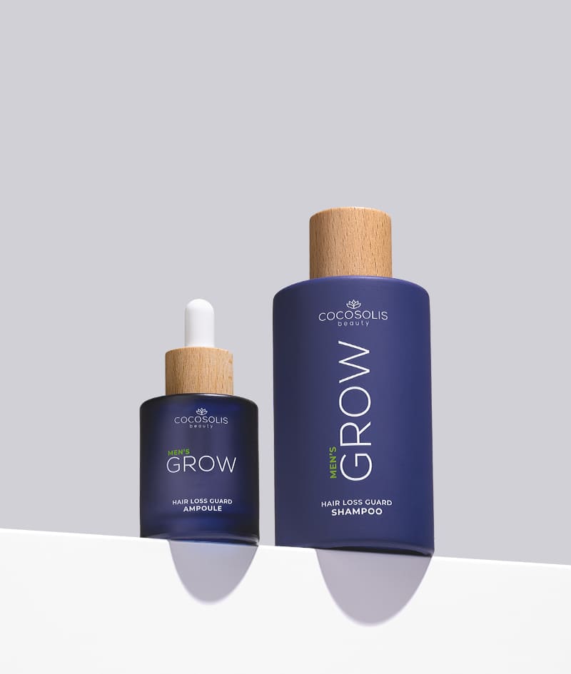 ANTI-HAIR LOSS DUO: Ключовите стъпки от терапията ни против косопад за мъже – шампоан и интензивен серум с клинично доказани активни съставки. Шампоан GROW Men неутрализира хормона DHT, отговорен за косопада, оптимизира средата на скалпа, активира растежа. Серумна ампула GROW Men: намалява косопада чрез мощно закотвяне на косъма и видимо ускорява растежа.