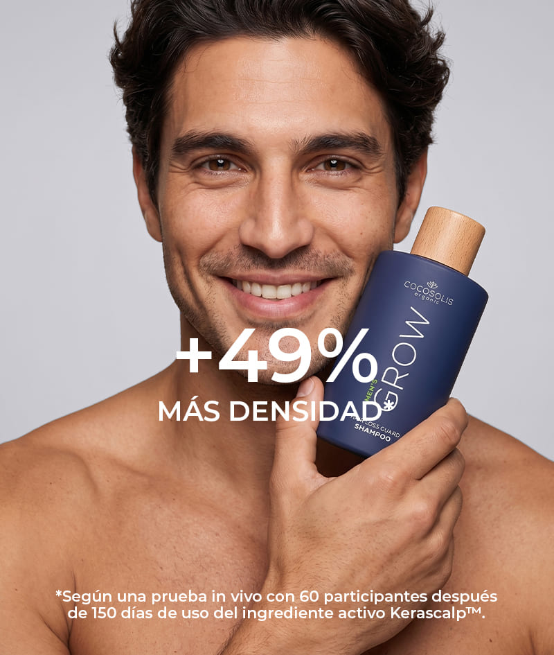 ANTI-HAIR LOSS DUO: Pasos clave de nuestro tratamiento anticaída para hombres: champú y sérum intensivo con ingredientes activos clínicamente probados. El champú GROW Men neutraliza la hormona DHT, responsable de la caída del cabello, optimiza el entorno del cuero cabelludo y activa el crecimiento. La ampolla de sérum GROW Men reduce la caída del cabello al fijarlo firmemente y acelera visiblemente el crecimiento.