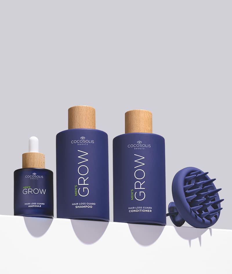 ANTI-HAIR LOSS THERAPY: Четири продукта, една цел – край на косопада. Шампоан GROW Men неутрализира хормона DHT, отговорен за косопада, оптимизира средата на скалпа, активира растежа. Балсам GROW Men изгражда защитен слой върху косъма и придава незабавна здравина, плътност и обем. Серумна ампула GROW Men намалява косопада чрез мощно закотвяне на косъма и видимо ускорява растежа. Скалп масажор GROW Men се ползва с шампоана и серумната ампула за максимално усвояване на активните съставки.