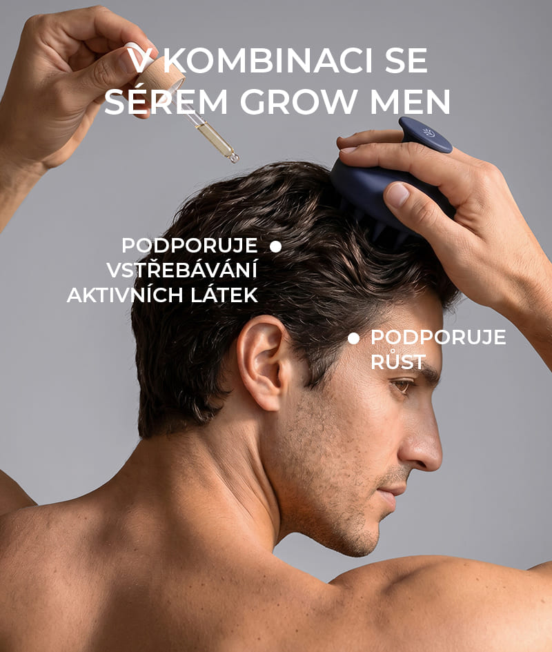 ANTI-HAIR LOSS THERAPY: Čtyři produkty, jeden cíl – konec vypadávání vlasů. Šampon GROW Men neutralizuje hormon DHT, zodpovědný za vypadávání vlasů, optimalizuje prostředí pokožky hlavy a aktivuje růst. Kondicionér GROW Men vytváří na vlasu ochrannou vrstvu a dodává mu okamžitou pevnost, hustotu a objem. Sérumová ampule GROW Men snižuje vypadávání vlasů díky silnému ukotvení vlasu a viditelně urychluje růst. Masážní hlavice GROW Men se používá společně se šamponem a sérumovou ampulí pro maximální vstřebání aktivních složek.
